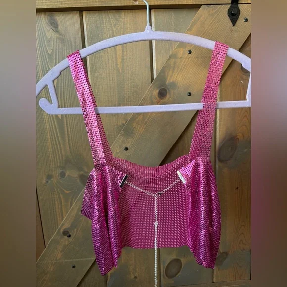 Sparkling Hot Pink Chainmail Crop Top - Picture 2 of 8